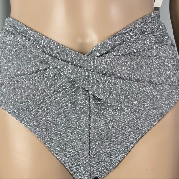 New Beach Riot Zuri Silver Glitter High Waist Twist Bikini Bottom - Picture 2 of 8